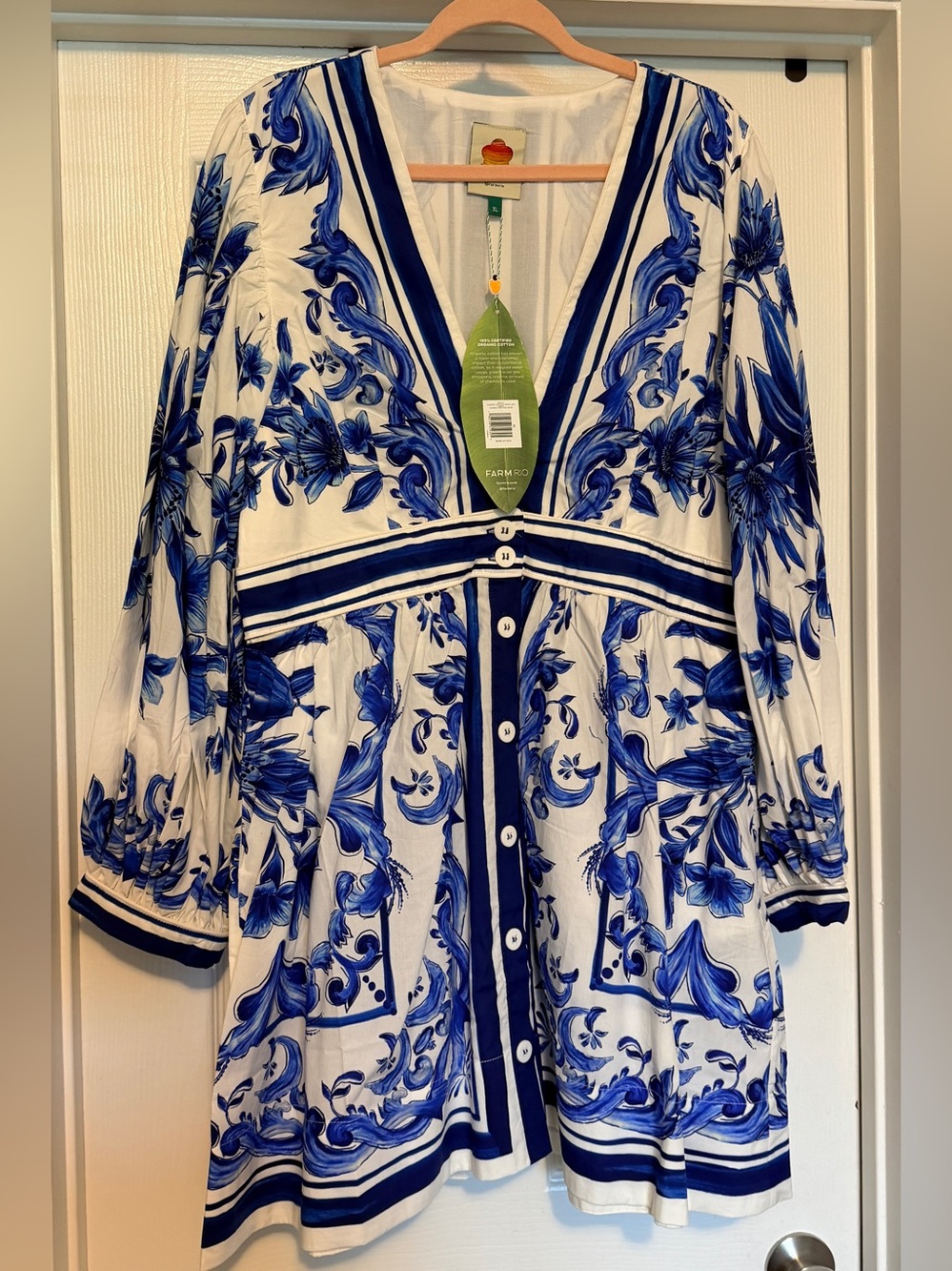 FARM Rio White Tunic with Cobalt Blue Floral Dress - Sz XL